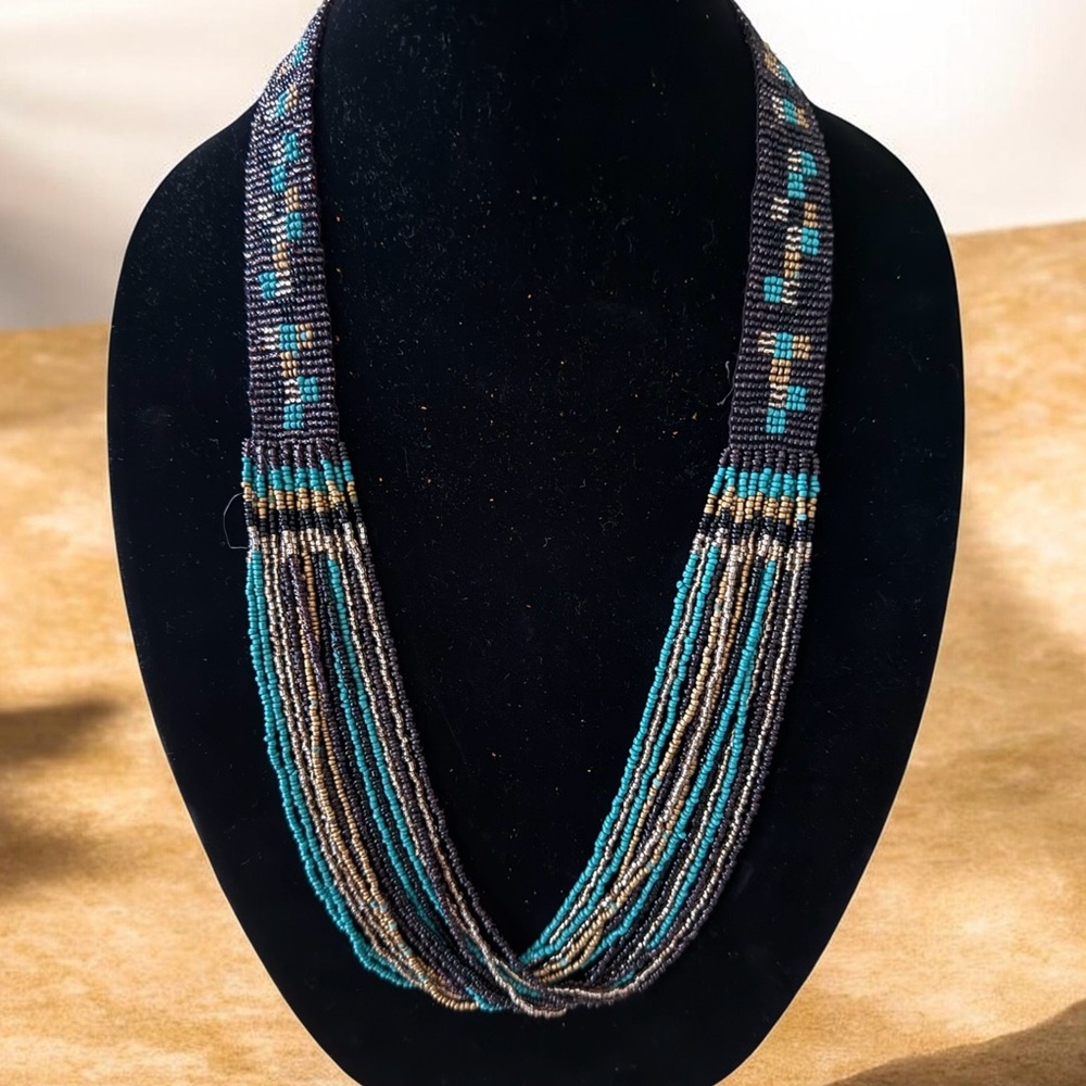 Artisan Style Hand-Beaded Multi-Strand multi color 
Fringe Necklace